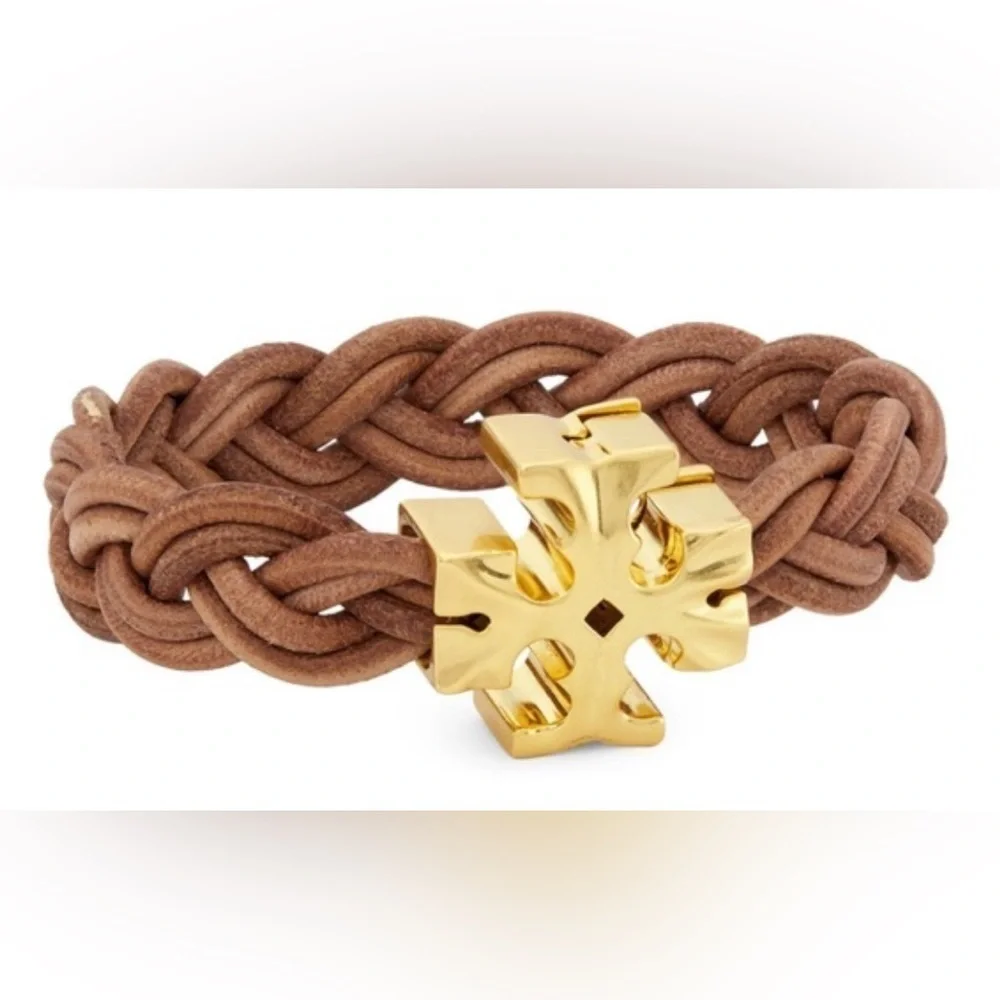 🆕Tory Burch Authentic Miller Fisherman 18KGold-Plated & Braided Leather Bracelet